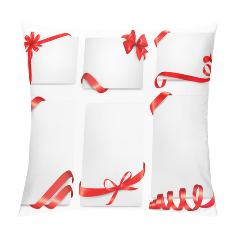 Personality  Set Of Beautiful Cards With Red Gift Bows With Ribbons Vector Pillow Covers