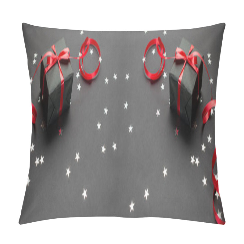 Personality  New Years Background. Christmas Gifts With Red Ribbon On Black Background. Xmas Present. Winter Holiday Concept. Merry Christmas And Happy Holidays Greeting Card, Frame, Banner Pillow Covers