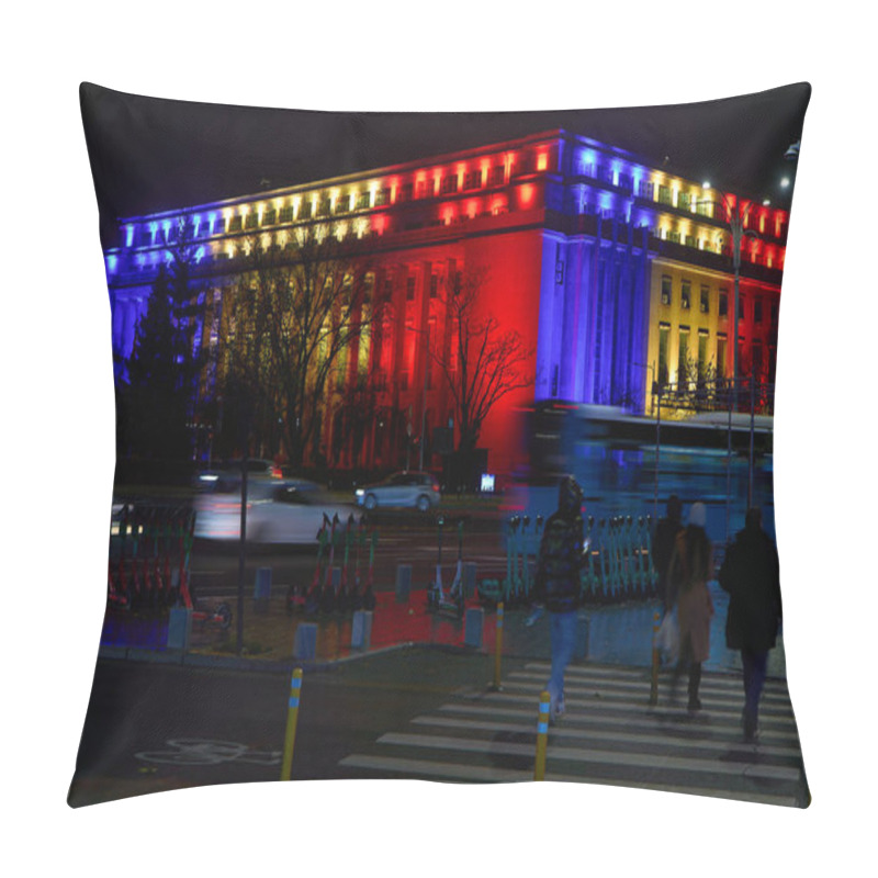 Personality  Bucharest, Romania. 1st Dec, 2024: Victoria Palace, The Seat Of The Romanian Government, Is Illuminated In The Colors Of The Romanian Flag On The Occasion Of Romania's National Day. Pillow Covers