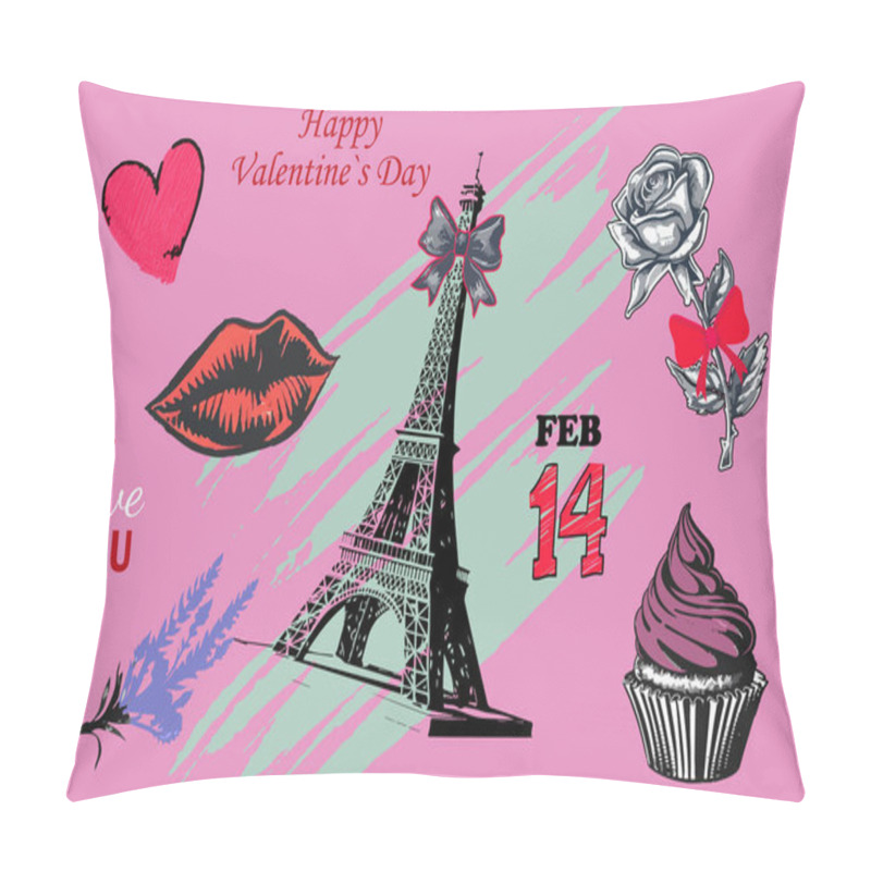 Personality  Valentines Day Halftone Collage Featuring The Eiffel Tower, Hearts, Roses, Cupcakes, And Romantic Symbols On A Pink Background. Trendy Vintage Collage Vector Illustration Pillow Covers