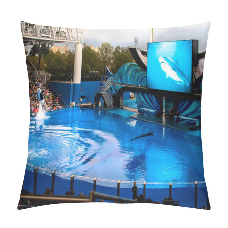 Personality  Orlando, Florida. December 30, 2019. Killer Whale Jumping In Orca Encounter Show At Seaworld (231). Pillow Covers