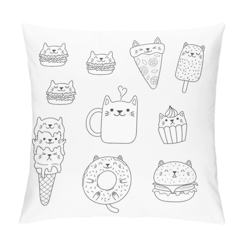 Personality  Set Of Kawaii Doodles Of Foods With Cat Ears, Macarons, Pizza, Burger, Ice Cream, Donut, Coffee. Hand Drawn Vector Illustration. Line Drawing. Design Concept Coloring Pages For Kids. Pillow Covers