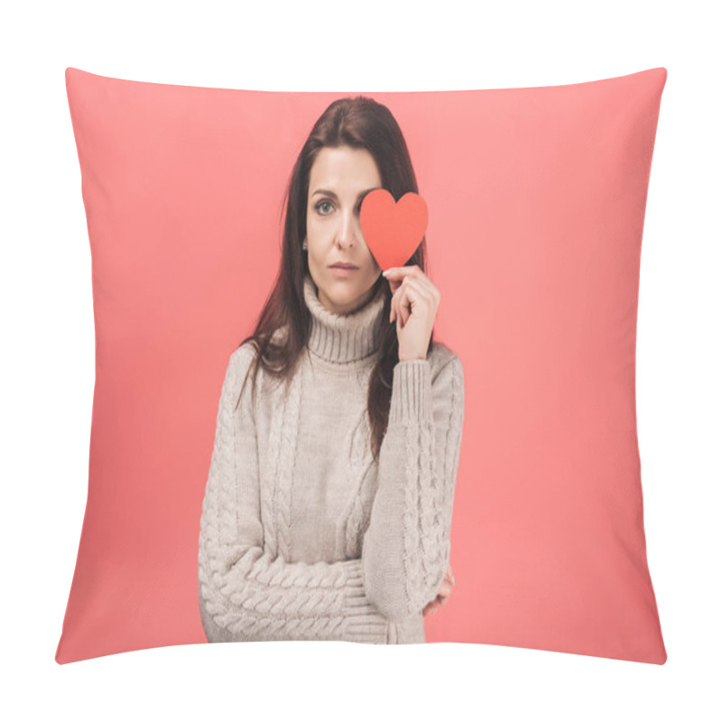 Personality  Woman In Warm Sweater Covering Eye With Heart-shaped Paper Cut On Pink  Pillow Covers