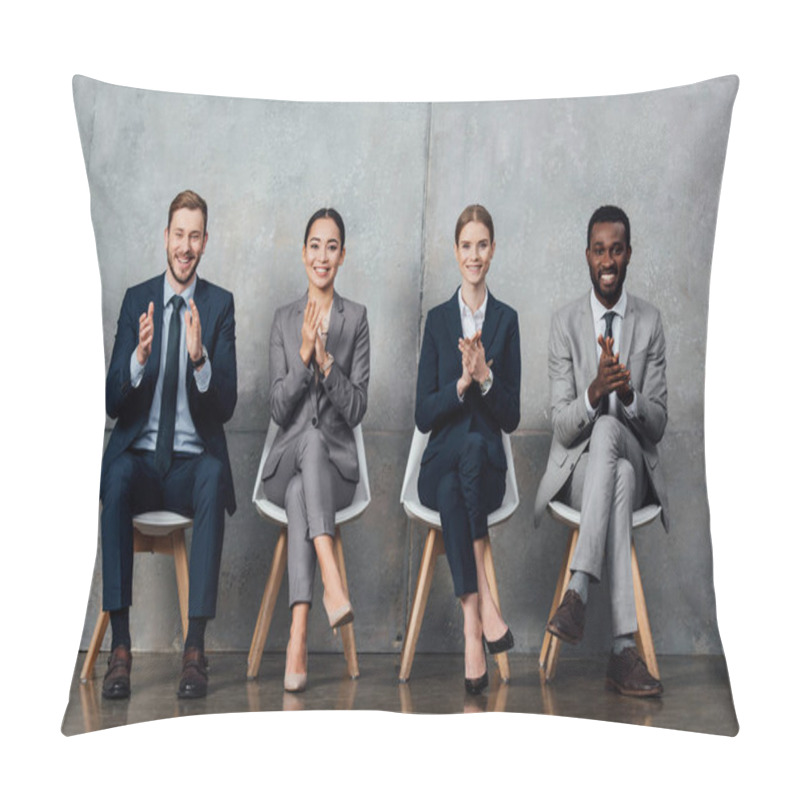 Personality  Happy Multiethnic Businesspeople Sitting On Chairs And Applauding In Waiting Hall Pillow Covers