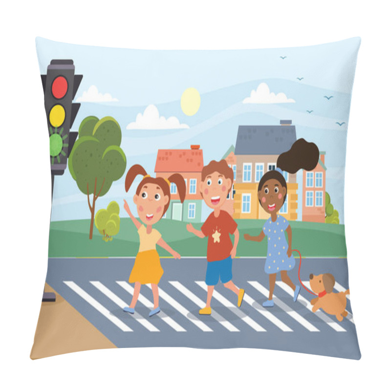 Personality  Three Young Children Crossing At A Traffic Light Pillow Covers