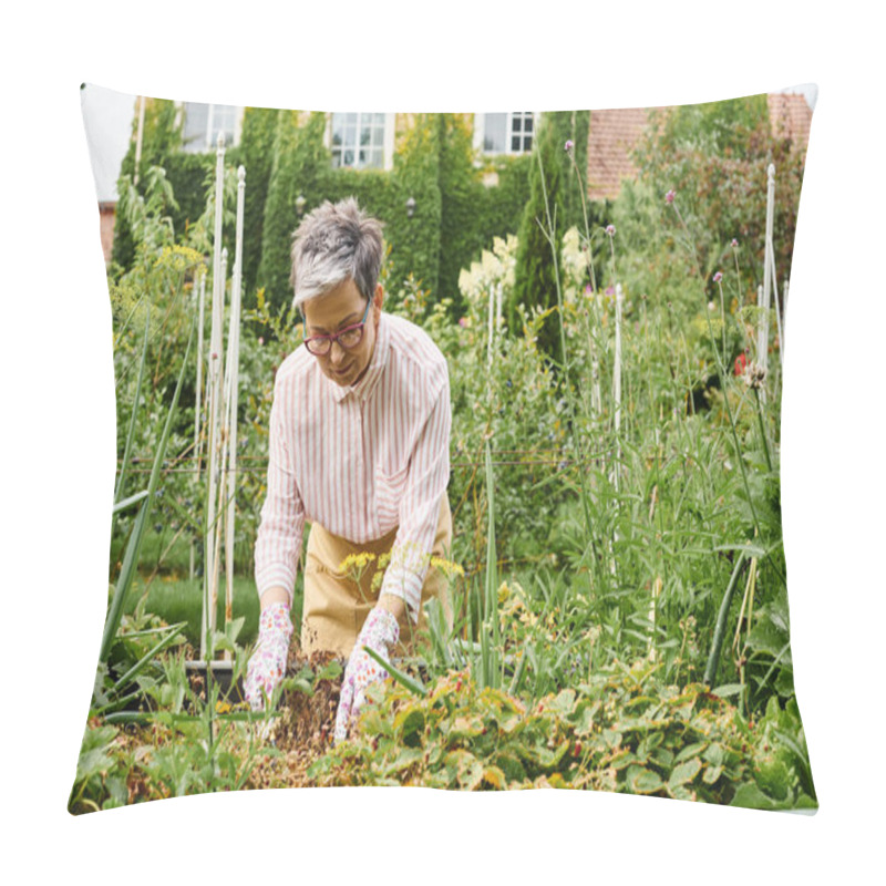 Personality  Good Looking Happy Mature Woman With Glasses Working In Her Vivid Green Garden And Smiling Joyfully Pillow Covers