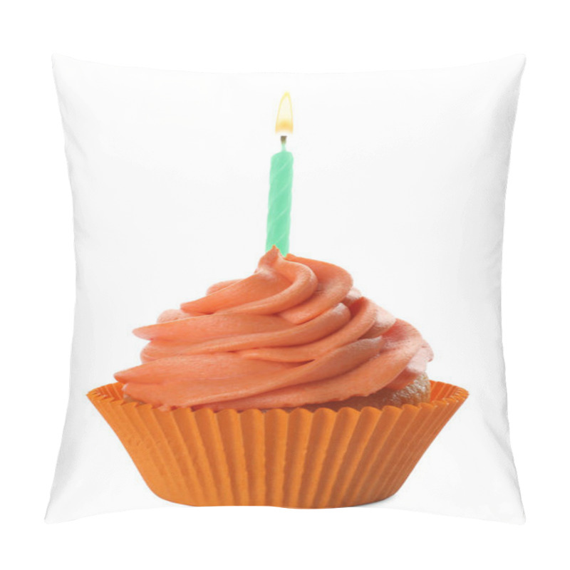 Personality  Delicious Birthday Cupcake With Candle And Orange Cream Isolated Pillow Covers