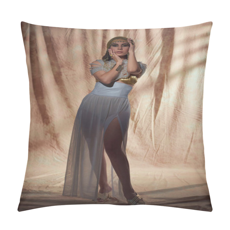 Personality  Full Length Of Fashionable Woman In Egyptian Attire And Pearl Top Posing On Abstract Background Pillow Covers