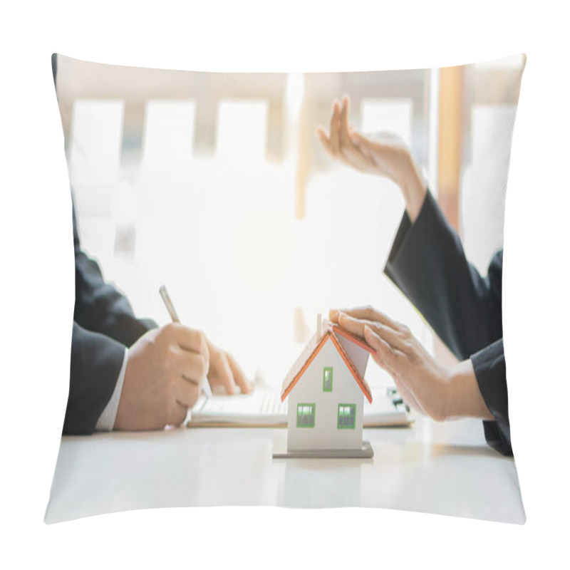 Personality  A Real Estate Agent Shows The House Details In Her File To Clients Who Are Looking For And Interested In Buying. Buy A New House. Pillow Covers