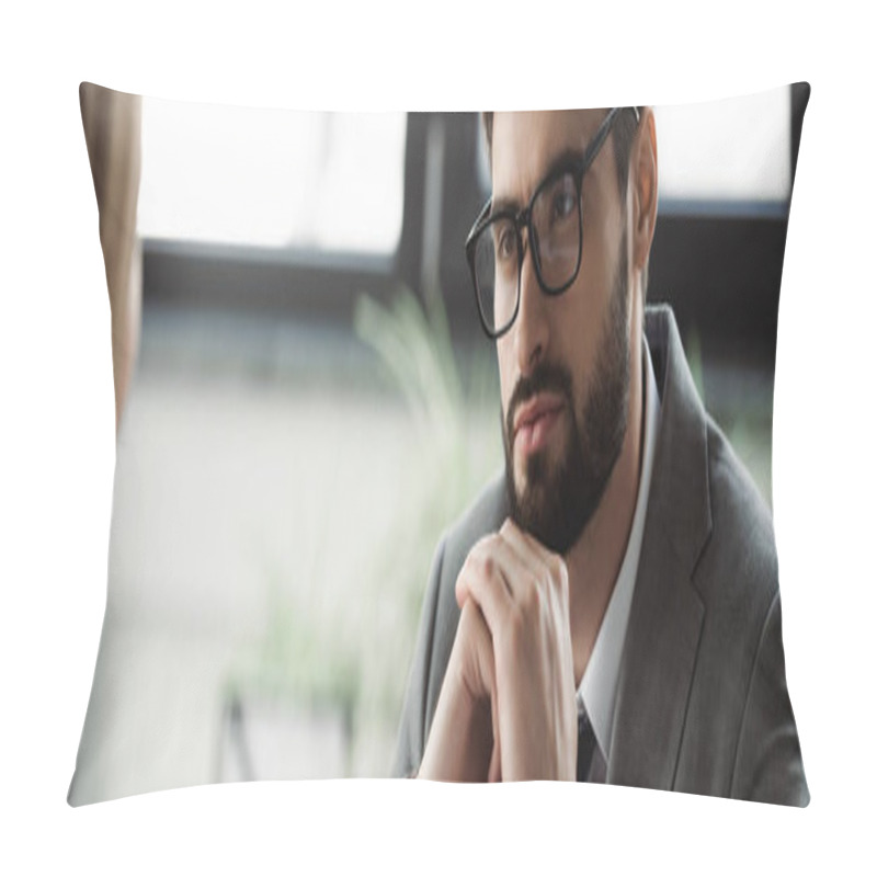 Personality  Businessman In Eyeglasses And Formal Wear Looking At Blurred Candidate On Job Interview, Banner  Pillow Covers