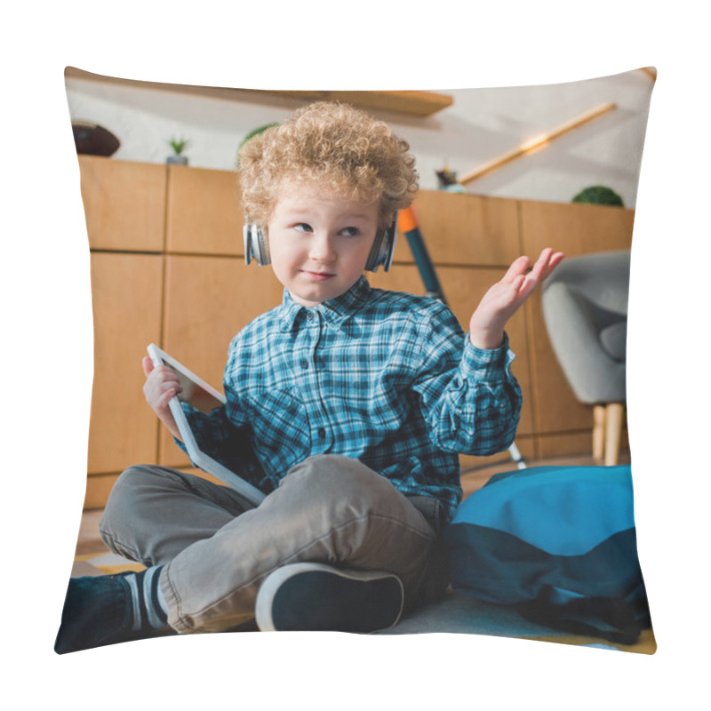 Personality  Selective Focus Of Confused Kid In Headphones Holding Digital Tablet And Showing Shrug Gesture  Pillow Covers