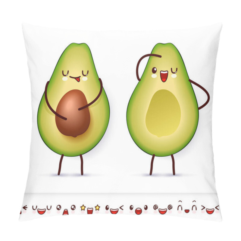 Personality  Two Halve Happy Avocado With Cute Kawaii Faces. Collection Of Emoticon Emoji. Cartoon Avocado Kawaii Character Isolated On White Background. Vector Pillow Covers