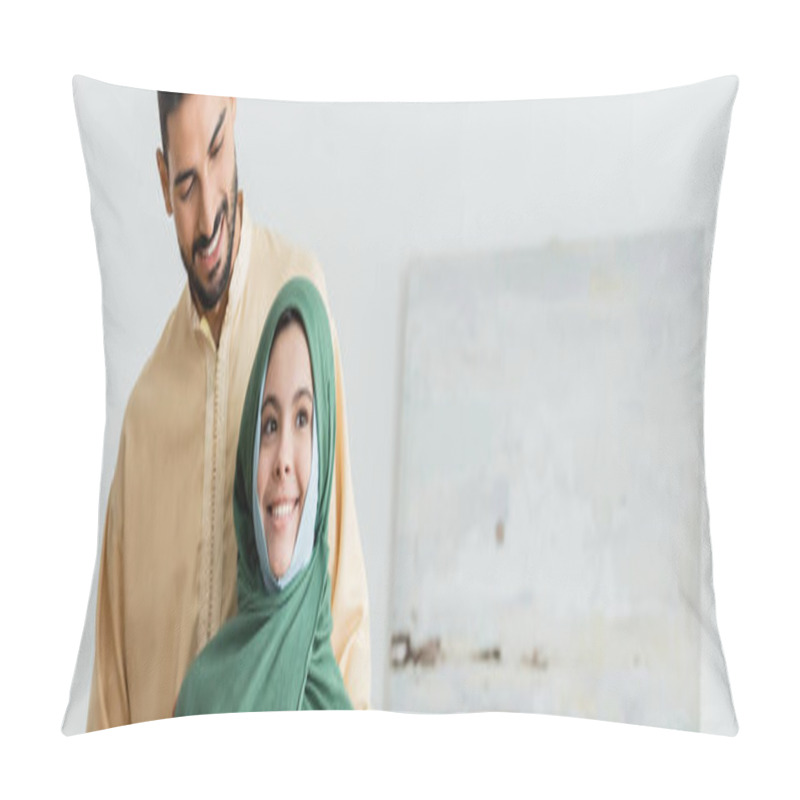 Personality  Muslim Girl In Hijab Smiling Near Arabian Father At Home, Banner Pillow Covers