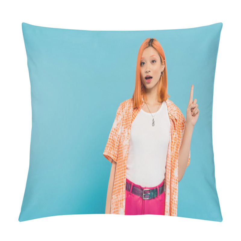 Personality  Pointing With Finger, Amazed Face, Young Asian Woman With Dyed Hair Looking At Camera And Showing Something On Blue Background, Generation Z, Casual Attire, Young Culture  Pillow Covers