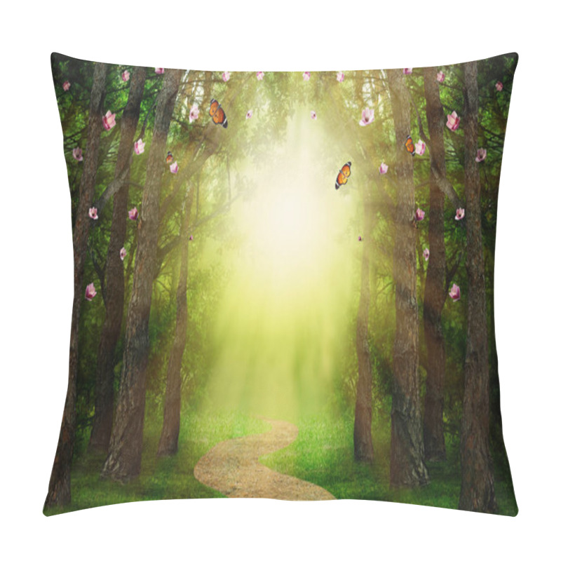 Personality  Fantasy World. Magic Forest With Beautiful Butterflies And Sunlit Way Between Trees Pillow Covers