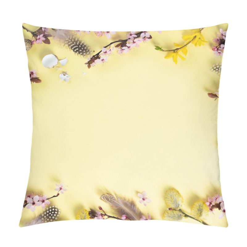 Personality  Easter Holiday Background. Flat-lay Of Tender Spring Cherry Blossom Flowers On Branches, Feathers, Quail Eggs Over Pastel Yellow Background, Top View Pillow Covers