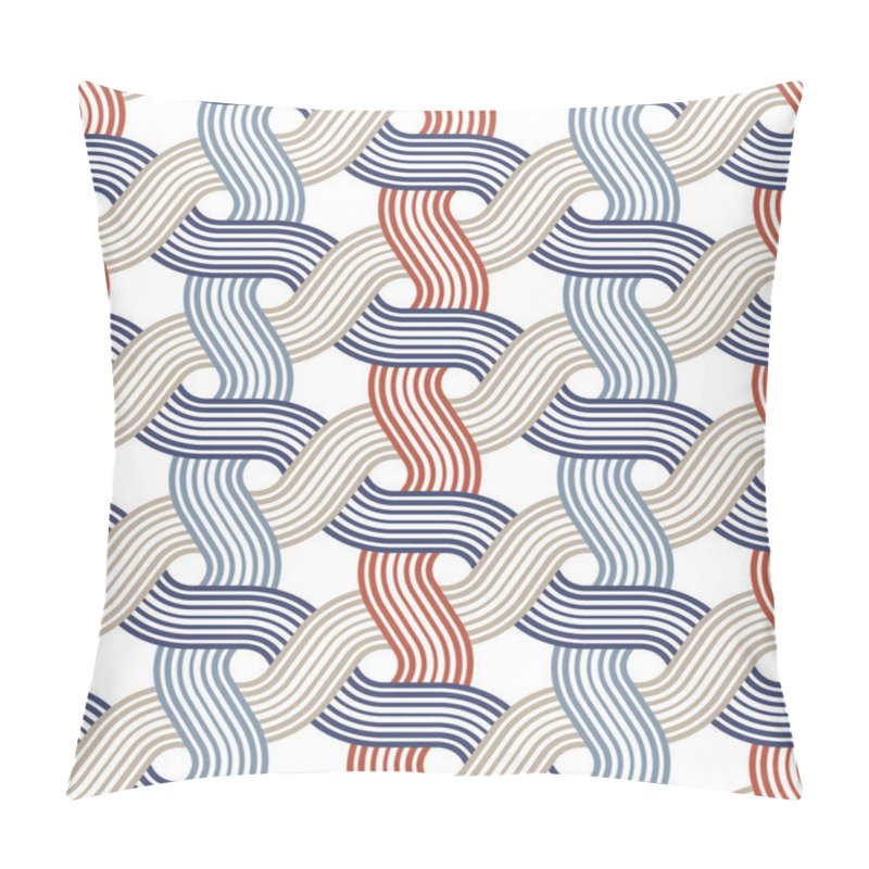 Personality  Seamless Repeating Pattern With Intersecting Striped Wavy Lines Forming A Geometric Lattice On A White Background. Blue, Orange, And Beige Vintage Colors. Modern Style Design. Abstract Illustration.  Pillow Covers