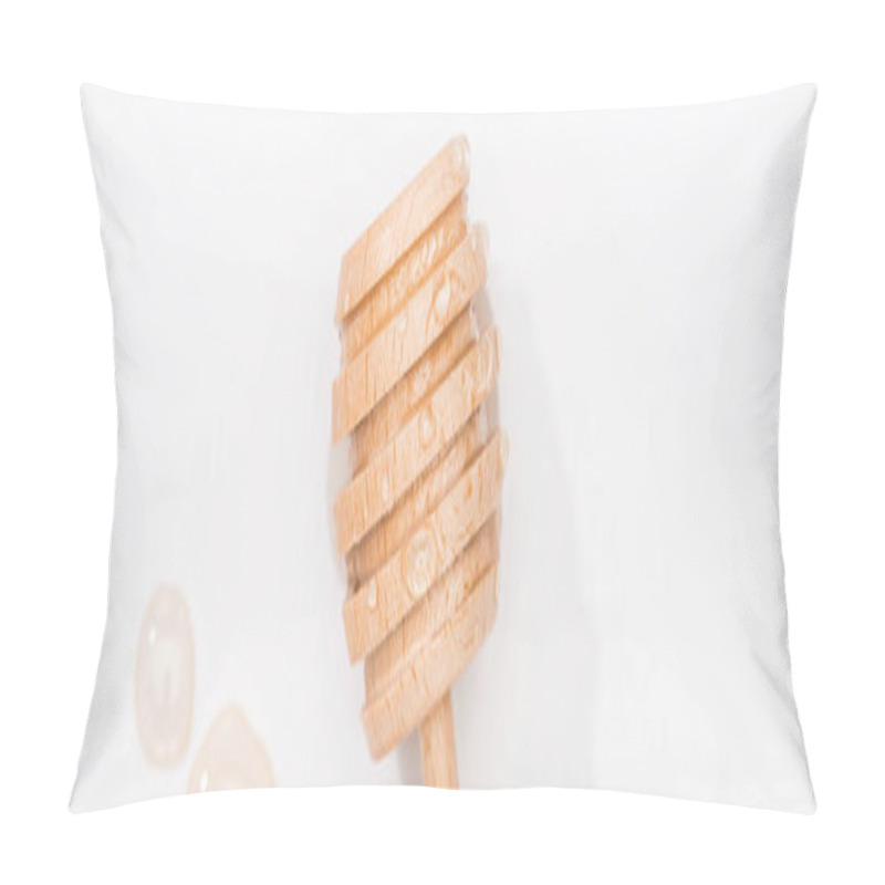 Personality  Panoramic Shot Of Honey Drops And Wooden Honey Dipper On White Background Pillow Covers