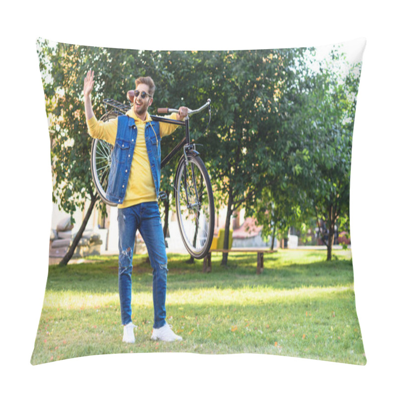 Personality  Young Cheerful Man In Sunglasses With Retro Bicycle Greeting Someone In Park Pillow Covers