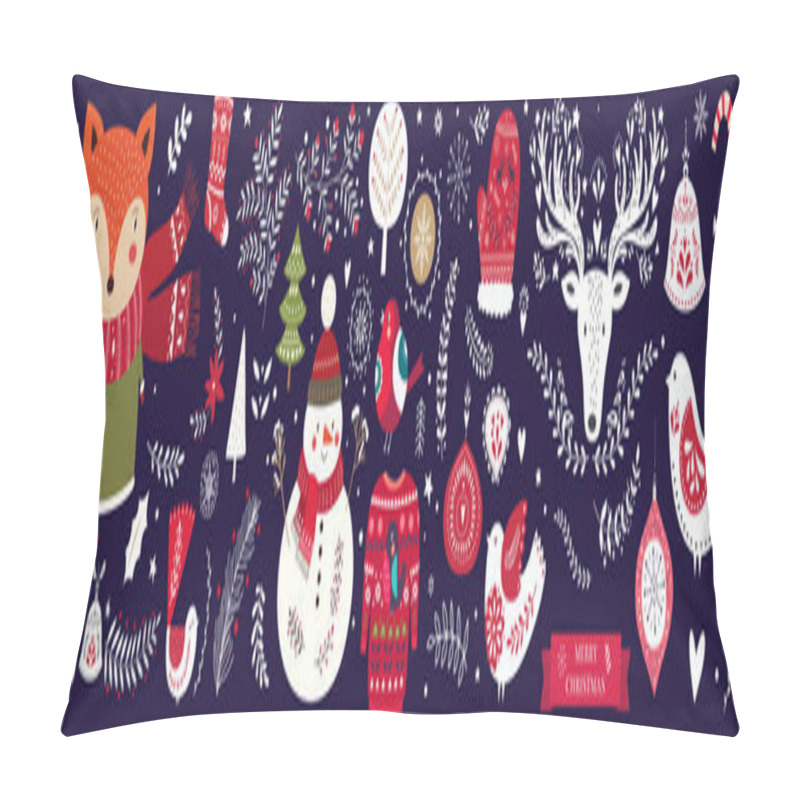 Personality  Christmas Vector Collection With Cute Fox, Snowman, Deer, Bird And Floral Elements. Pillow Covers