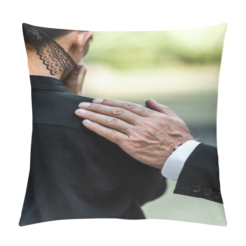 Personality  Cropped View Of Elderly Man Touching Shoulder Of Woman On Funeral  Pillow Covers