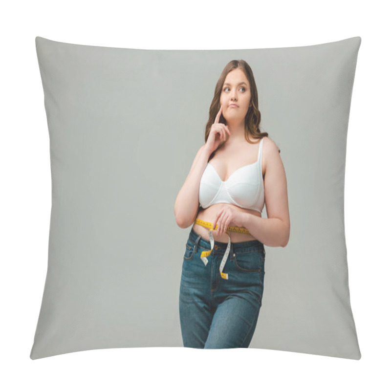 Personality  Pensive Plus Size Woman In Jeans Measuring Waist Isolated On Grey Pillow Covers