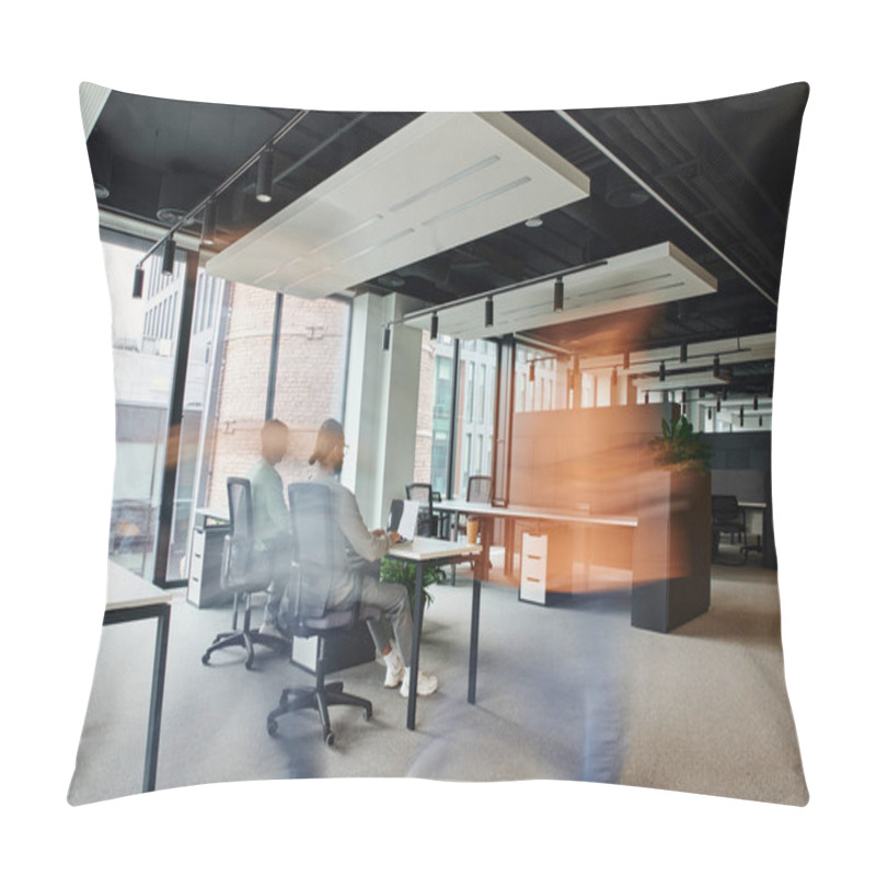 Personality  Motion Blur Of Man Walking Near Business People Working In Open Space Office Environment With High Tech Interior, Dynamic Business And Productivity Concept Pillow Covers