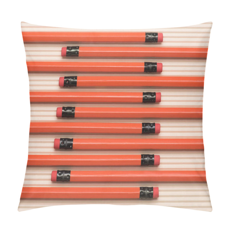 Personality  View From Above Of Red Graphite Pencils With Erasers Placed In Row On Beige  Pillow Covers