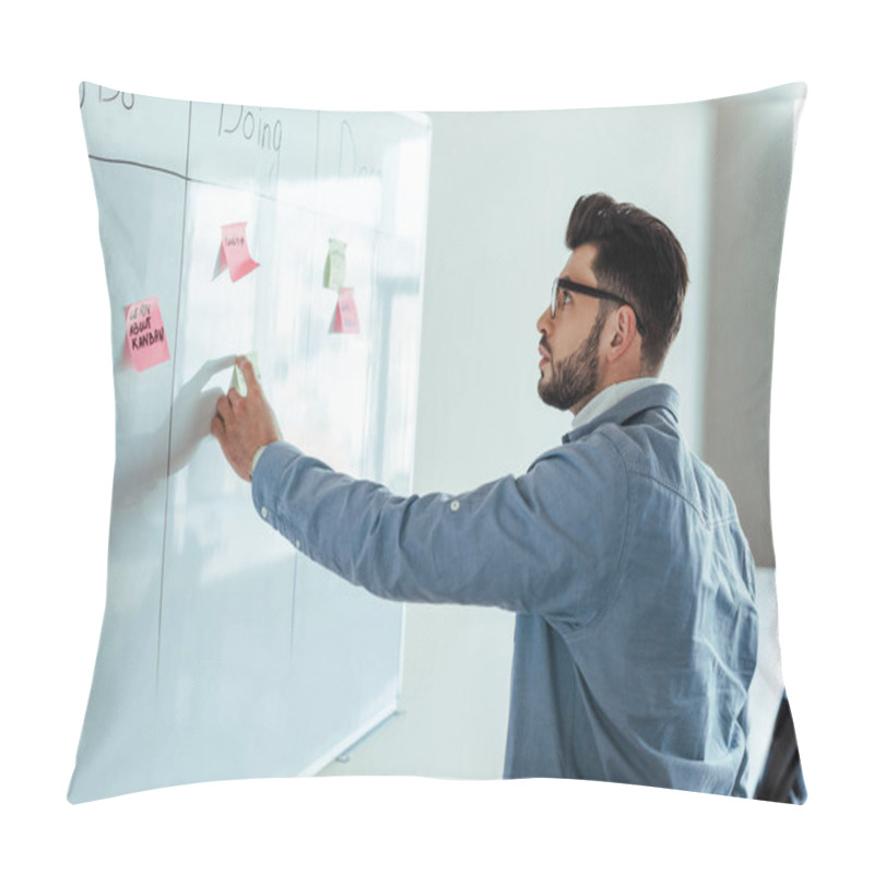 Personality  Scrum Master Looking At White Board With Spreadsheet And Stickers Pillow Covers