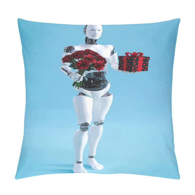 Personality  3D Rendering Of Male Robot Holding A Bouquet Of Roses. Pillow Covers