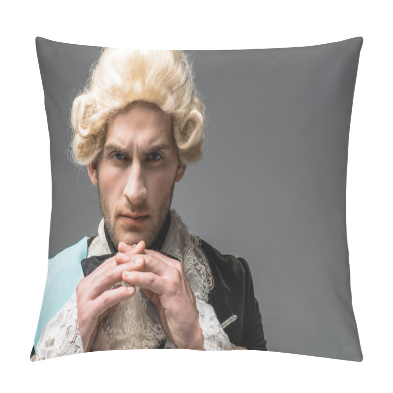 Personality  Serious Victorian Gentleman In Wig Looking At Camera Isolated On Grey Pillow Covers