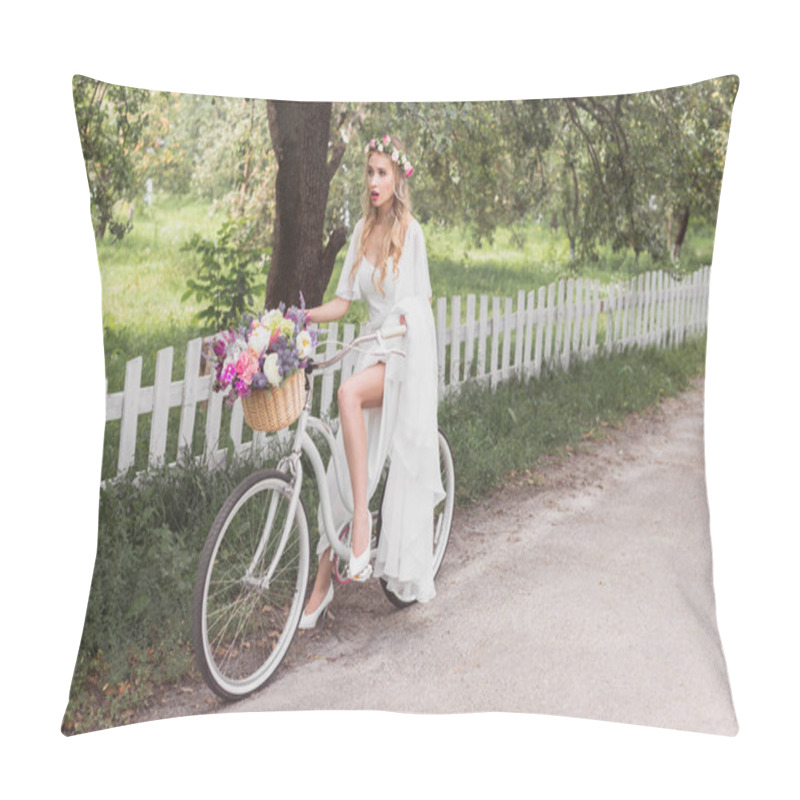 Personality  Beautiful Shocked Bride In Wedding Dress Riding Bicycle And Looking Away Pillow Covers