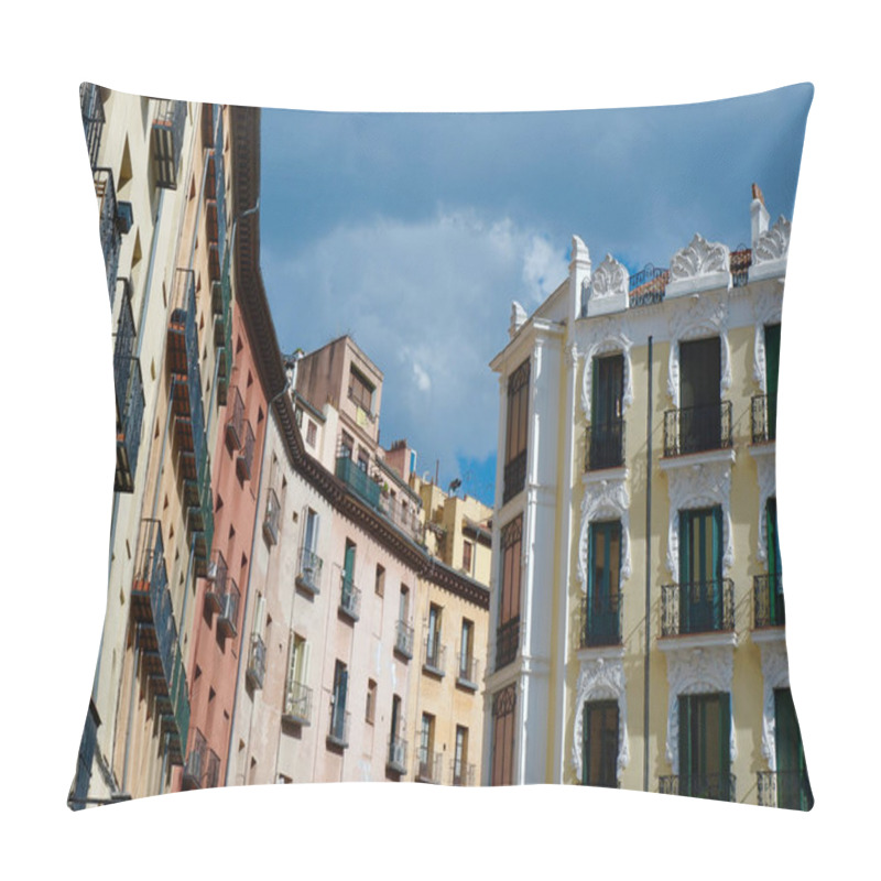 Personality  Classical Buildings With Balconies And Windows With Elegant Ornate In Downtown District Of Madrid, Spain. Vivid Colours, Old-fashioned Ornamental Details. Pillow Covers