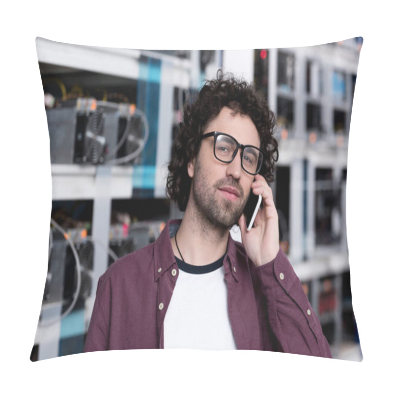 Personality  Handsome Computer Engineer Talking By Phone At Ethereum Mining Farm Pillow Covers