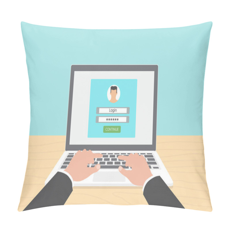 Personality  Log In Account On The Laptop. Hands On The Laptop. Vector Illust Pillow Covers