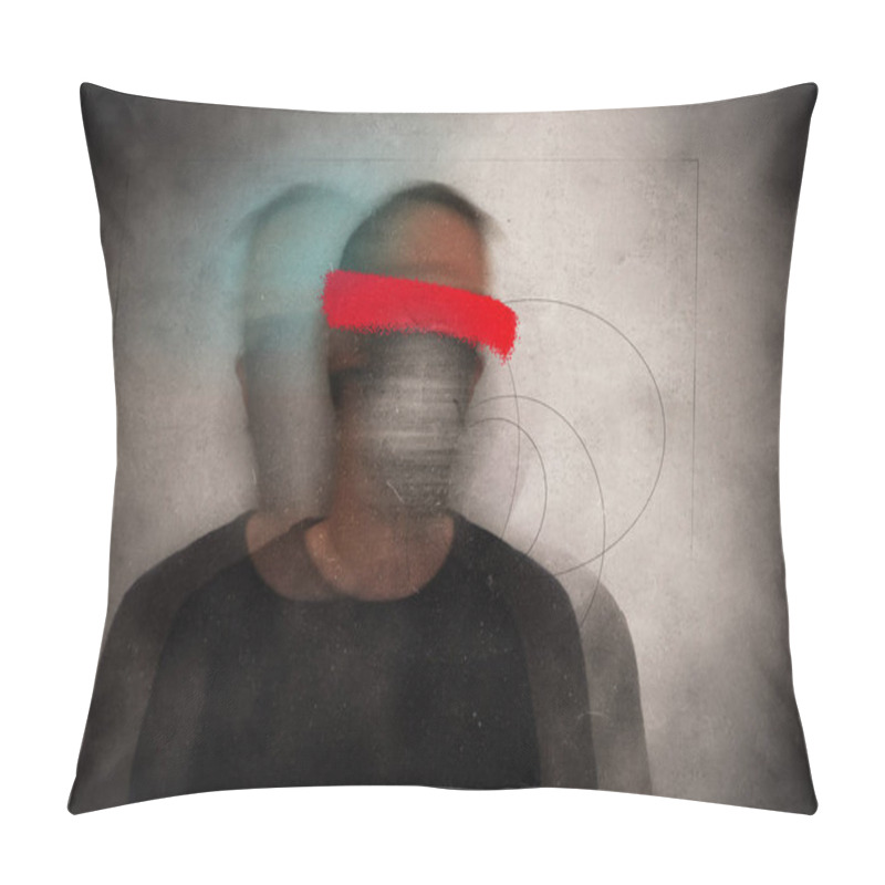 Personality  A Mental Health Concept. A Man With A Blurred Head With His Eyes Covered. With A Grunge, Abstract Edit              Pillow Covers