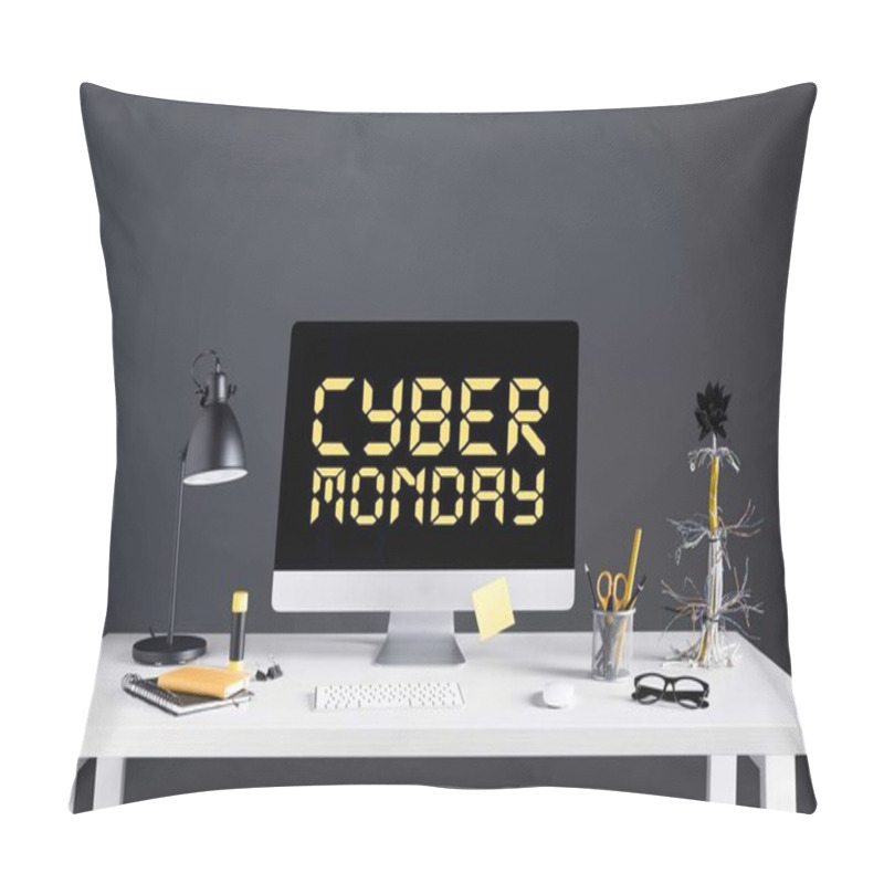 Personality  Desktop Computer With Inscription Cyber Monday On Screen, Lamp And Office Supplies On Table On Grey Pillow Covers