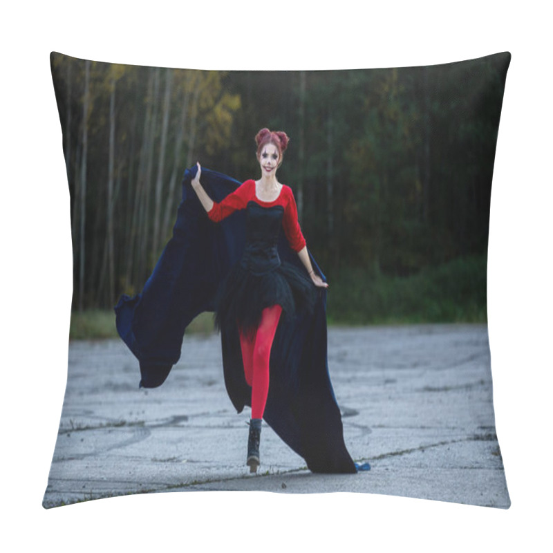 Personality  A Cheerful, Beautiful Young Woman In Motion, Wearing Red And Black Clothes With A Blue Cape: A Play Of Colors And Halloween Fun Pillow Covers