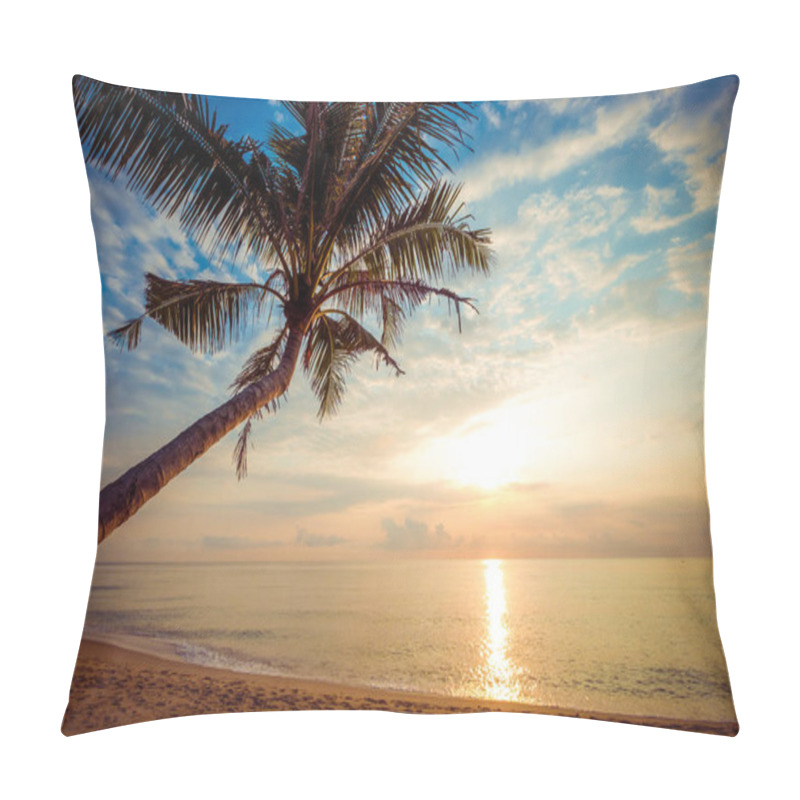 Personality  Seascape Of Beautiful Tropical Beach With Palm Tree At Sunrise. Sea View Beach In Summer Background. Pillow Covers