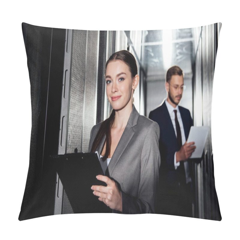 Personality  Selective Focus Of Cheerful Businesswoman Holding Clipboard Near Bearded Businessman In Data Canter  Pillow Covers