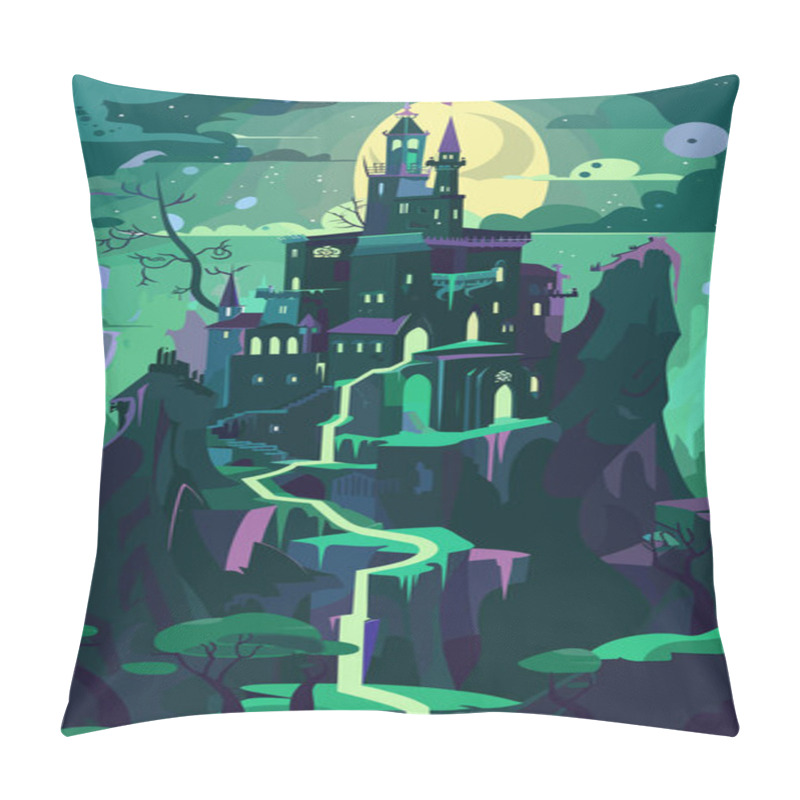 Personality  Enchanted Fairytale Castle Perched Atop Winding Staircases Amidst Mystical Forest Under Moonlit Sky. Vibrant Hues Green Purple Dominate Whimsical Illustration Magical Scenery. Fantasy Night Pillow Covers