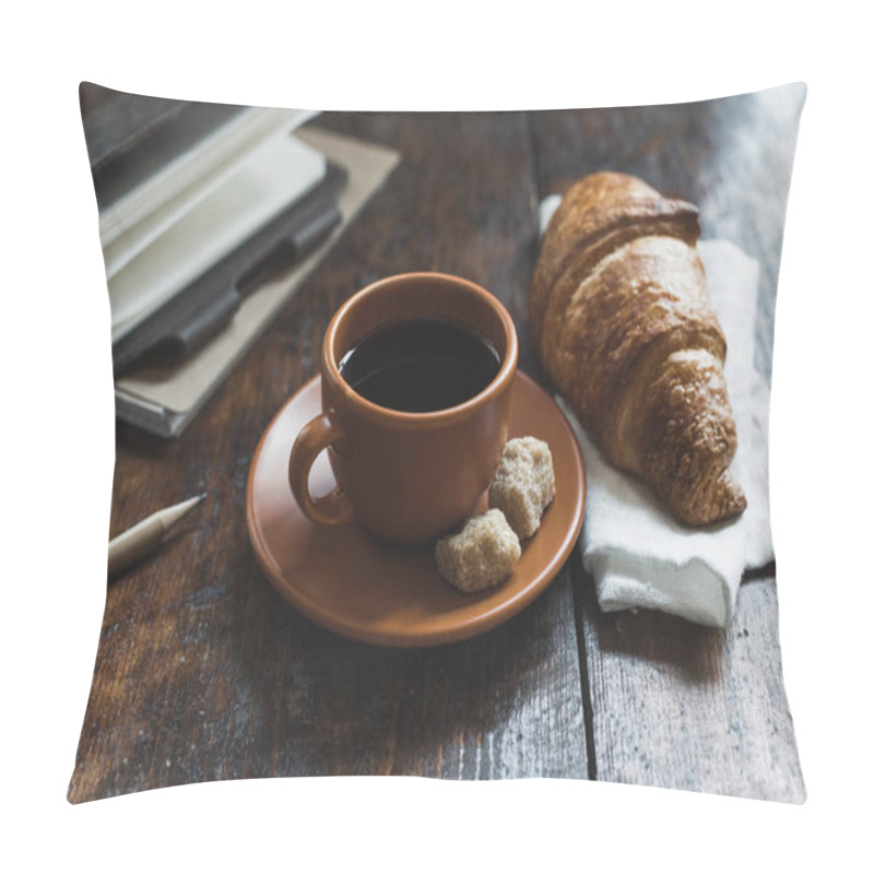 Personality  Coffee With Croissant And Notebooks With Pencil On Tabletop Pillow Covers