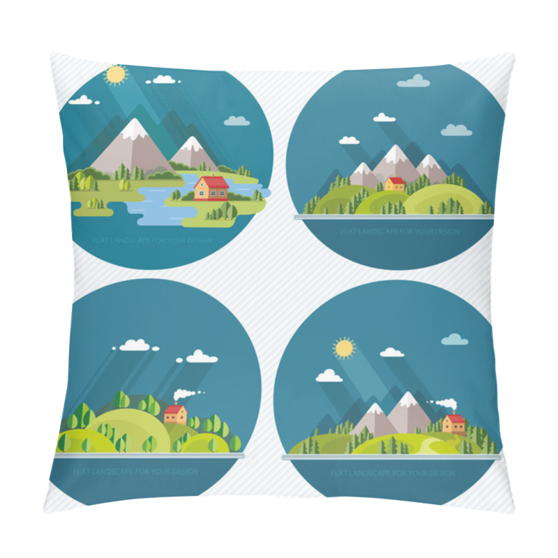 Personality  Summer  Landscape Set. Houses In The Mountains Among The Trees,  Pillow Covers