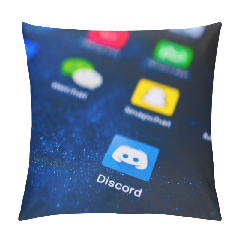 Personality  Discord App Icon On The Screen Smartphone. Discord Is Platform Designed For Video Gaming Communities, That Specializes In Text, Image, Video And Audio Communication. Pillow Covers