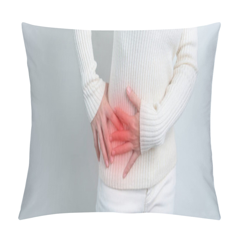 Personality  Woman Having Side Back Pain. Urinary System And Stones, Cancer, World Kidney Day, Chronic Kidney Stomach, Liver Pain And Pancreas Concept Pillow Covers