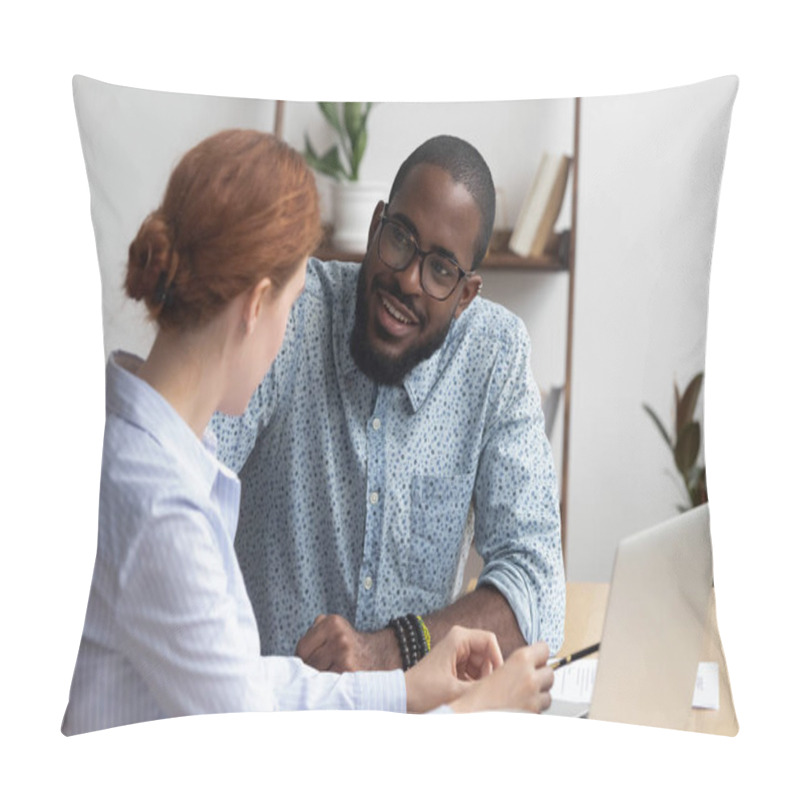 Personality  Diverse Coworkers Talking Having Pleasant Conversation In Office Pillow Covers