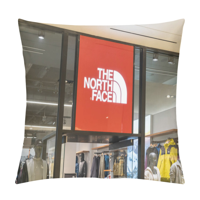 Personality  Houston, Texas, USA - February 25, 2022: North Face Store Closeup Sign In A Shopping Mall. The North Face Is An American Outdoor Recreation Products Company. Pillow Covers