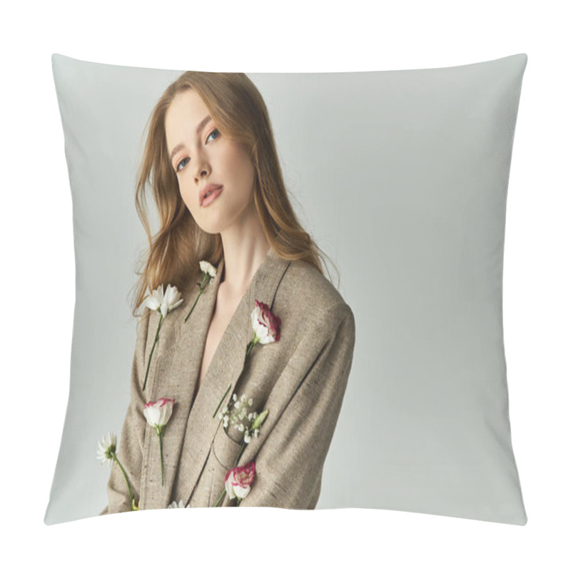 Personality  A Young Woman Adorned With Delicate Flowers Exudes Elegance And Charm. Pillow Covers