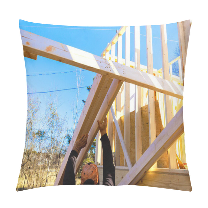 Personality  Construction Worker Adjusts Wooden Beams On Frame Being Built Under Works Construction Area Pillow Covers