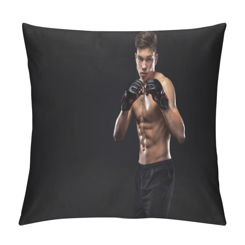 Personality  Sportsman Teenager Boxer Fighting On Black Background With Shadow. Copy Space. Boxing Sport Concept. Pillow Covers